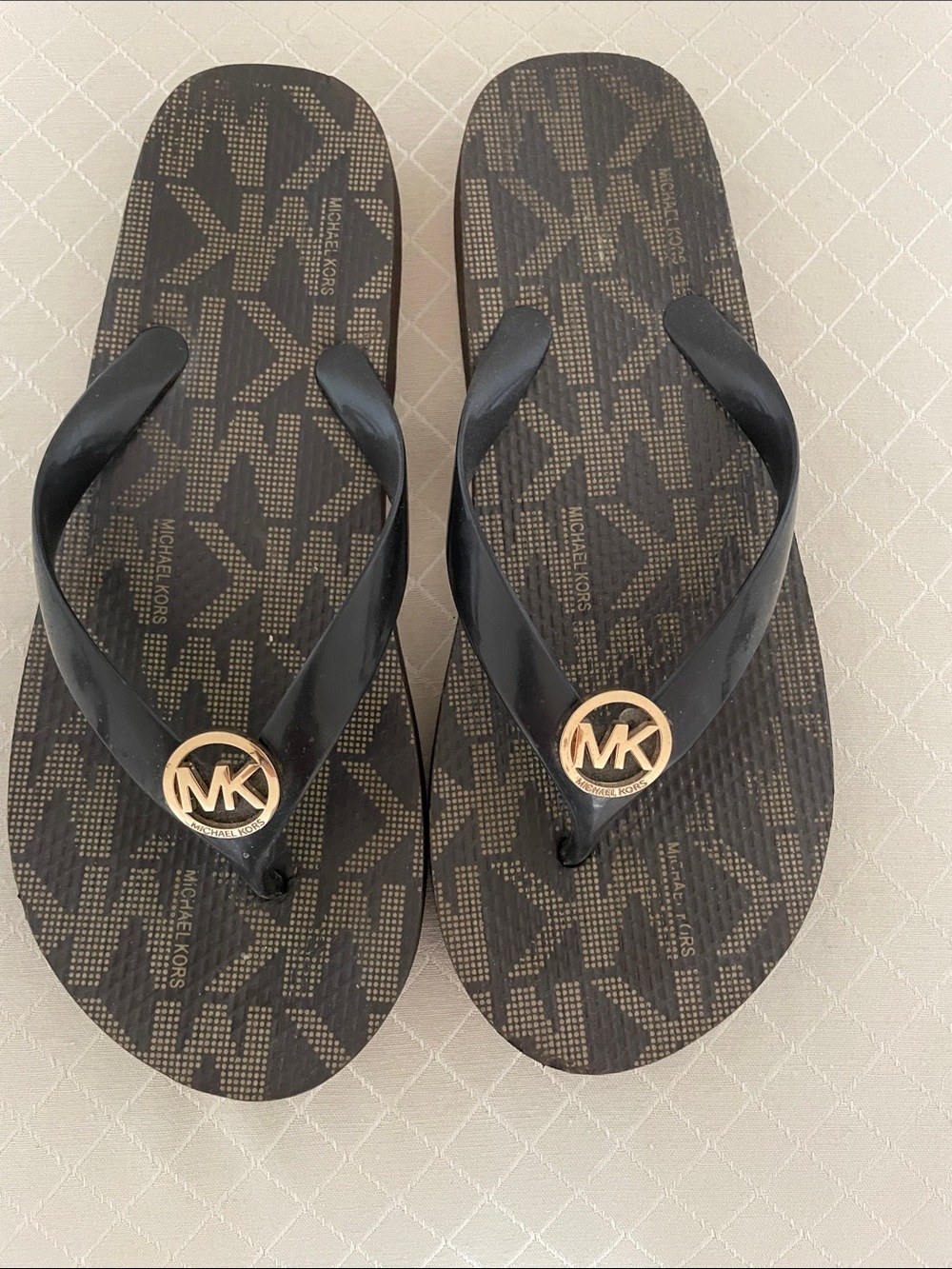 Michael Kors Black and Brown MK Logo Flip Flop Sandals